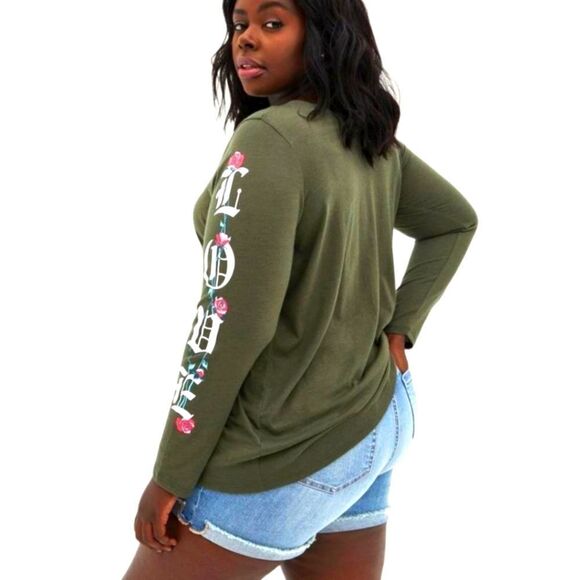 NEW TORRID Plus Size olive greenβlove rose long sleeve crew neck top. - Picture 3 of 13